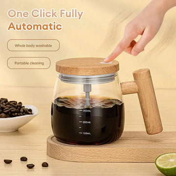Self-stirring Coffee Cup Portable Electric Self Mixing Mug with Wooden Handle for Coffee Milk Rechargeable Automatic Glass Cup