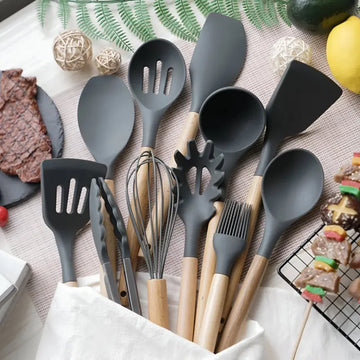 12-Piece Premium Silicone Kitchen Utensils Set with Wooden Handles